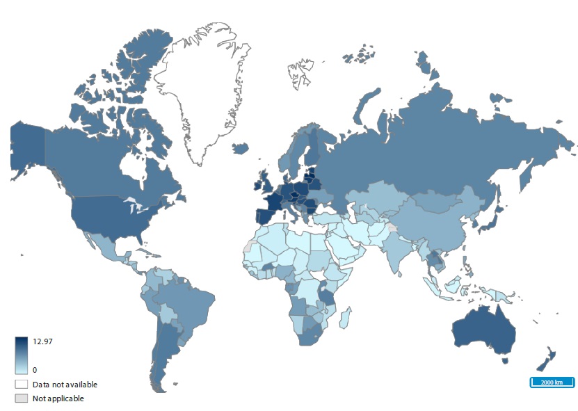Mapa consum de litres alcohol anual al món per països